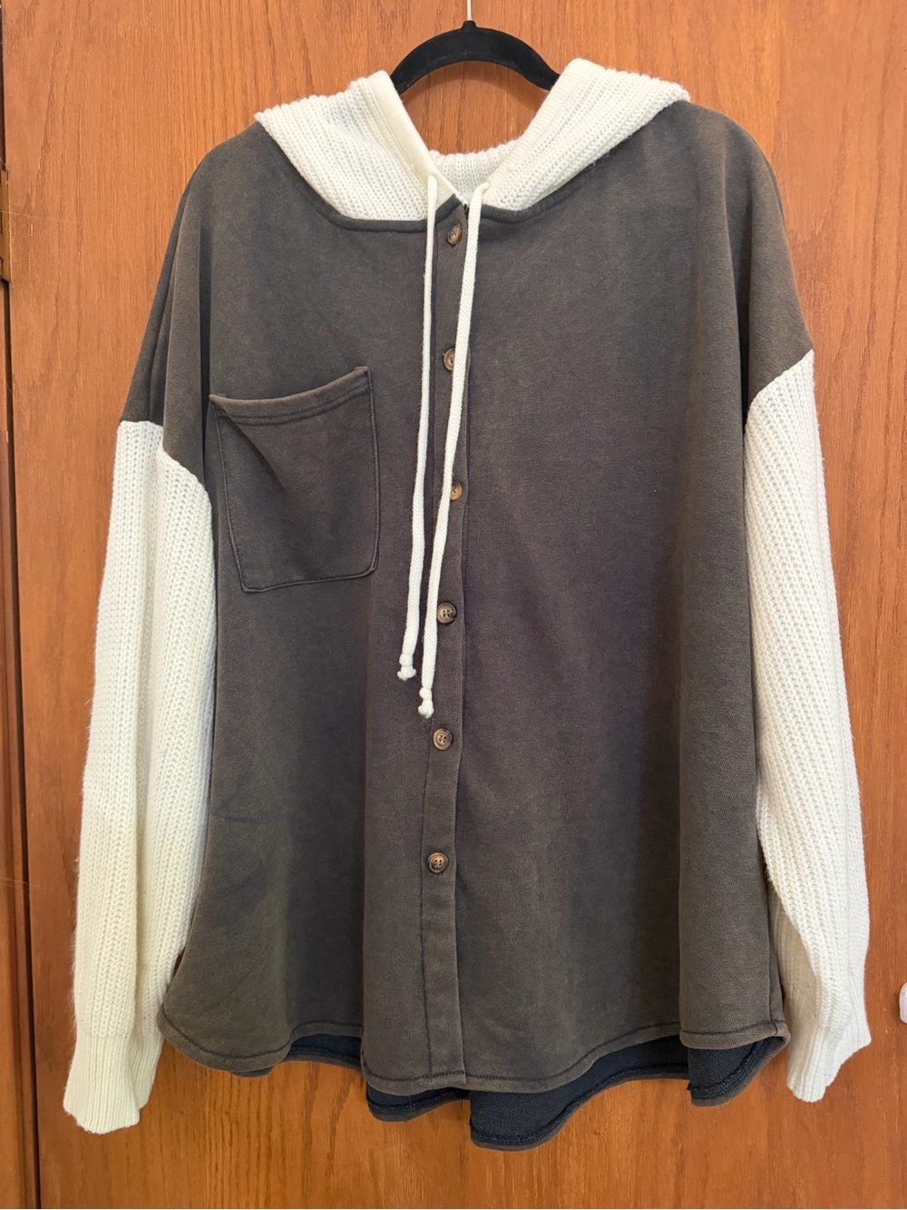 POL Hooded Button-Up Sweater - Charcoal and Cream